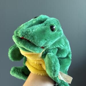 Rare Cute Vintage Green Plush Frog Hand Puppet Planet HTF Plastic Mouth Support